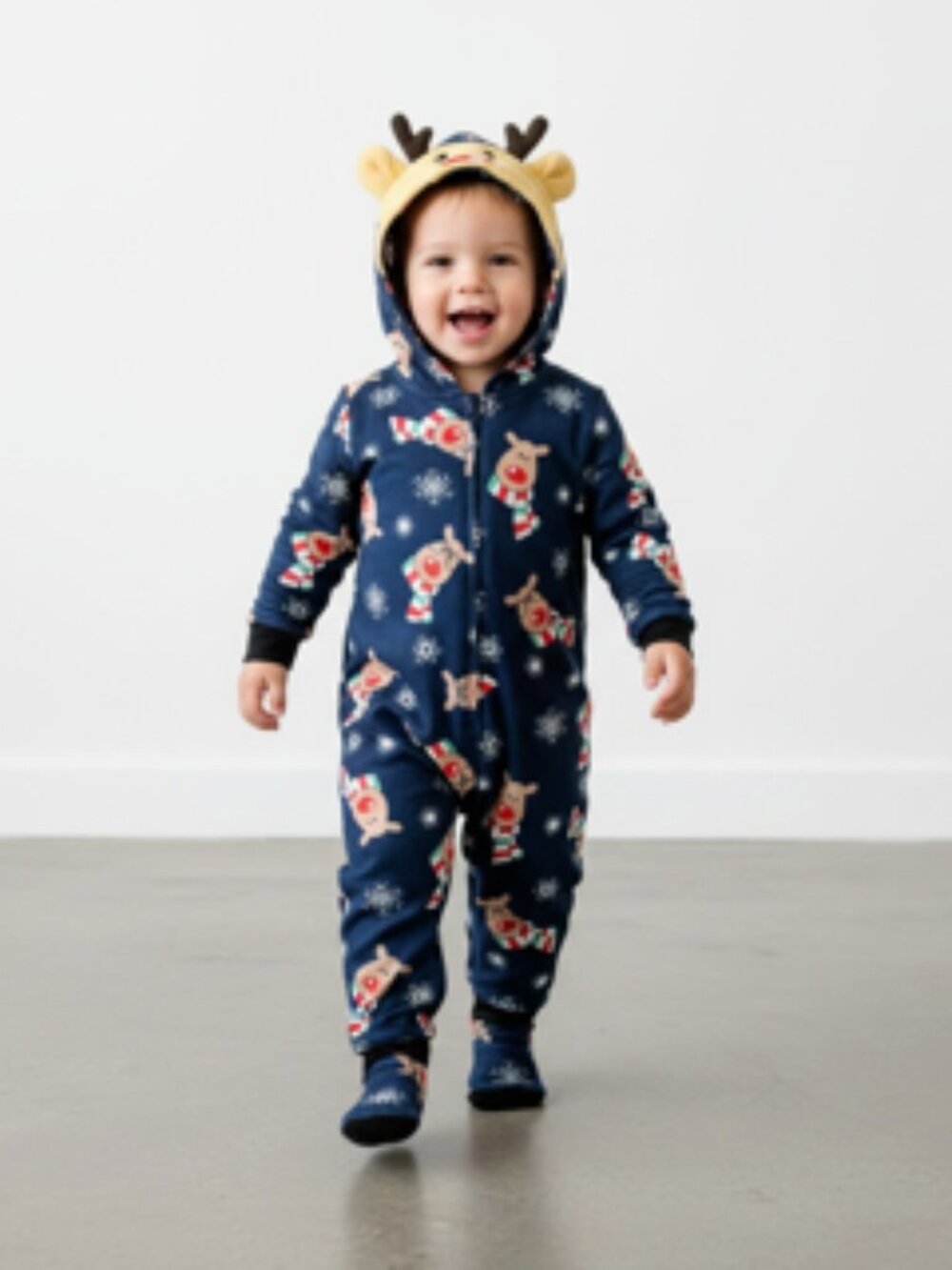 Reindeer Jumpsuit Onesie Child’s 18 Months Christmas Hooded 3D Blue Zip Front